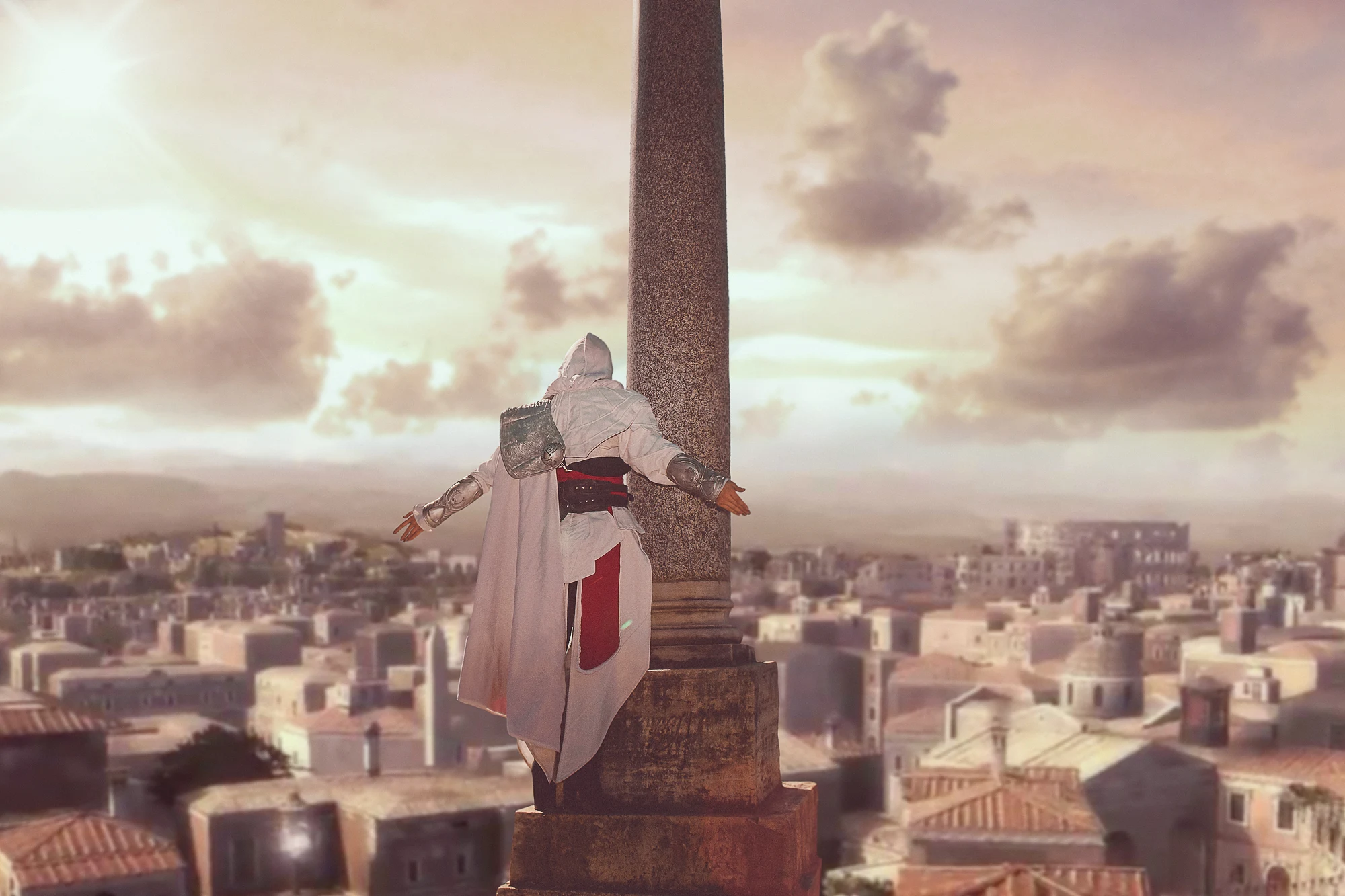 Cinematic portrait in assassin inspired costume with dramatic atmosphere