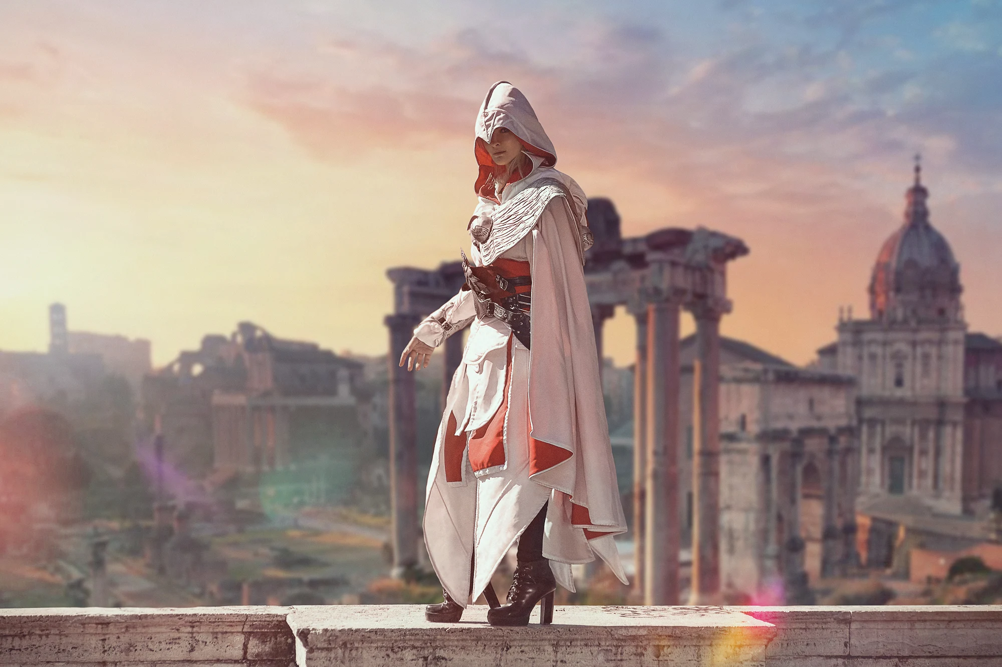 Assassin inspired costume portrait in Rome photographed at the Roman Forum by a professional photographer in Rome