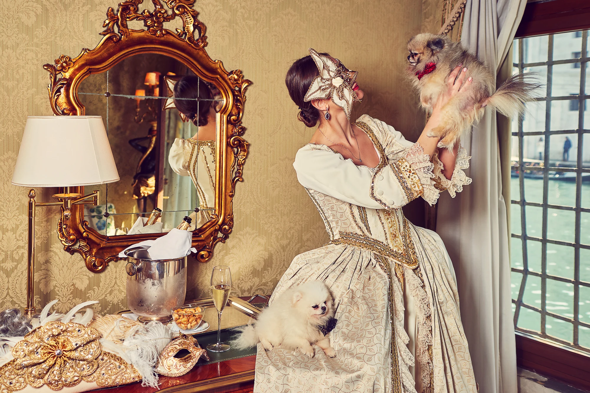 Luxury interior portrait in Venice with a model in historical costume