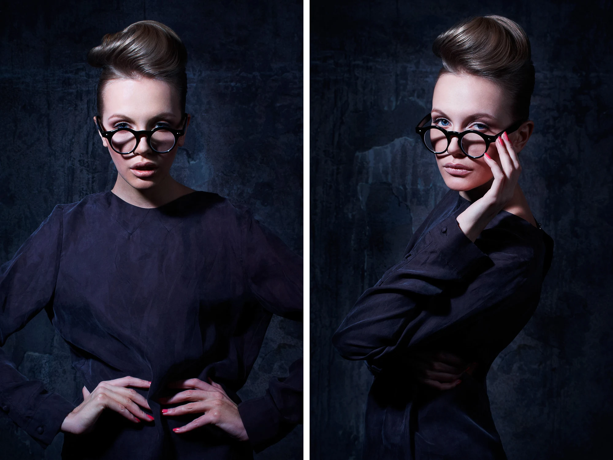 Stylish young woman in black dress and round glasses posing in dark studio fashion portrait